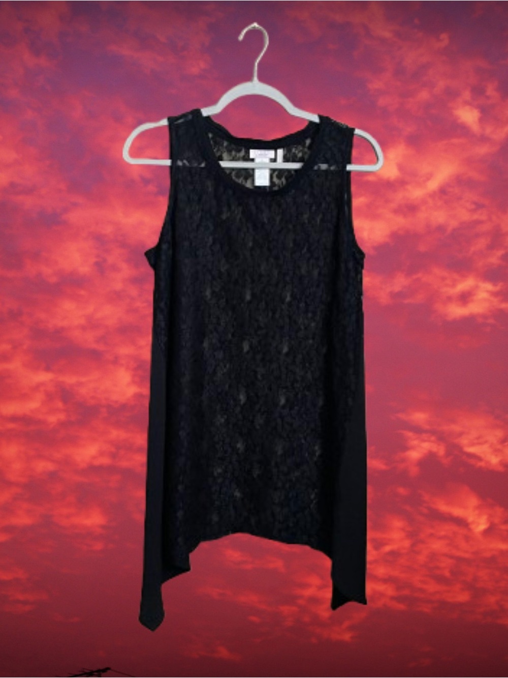 LOGO Layers black lace lagenlook sleeveless top w/ panels, shark bite hem sz L
